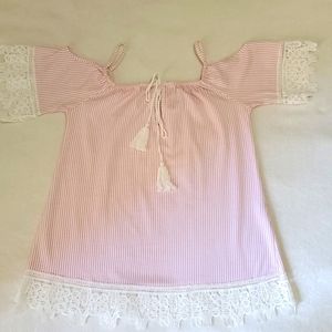 ♦️3/25♦️Beautiful Striped Off Shoulder  with Lace Detail Women's Top